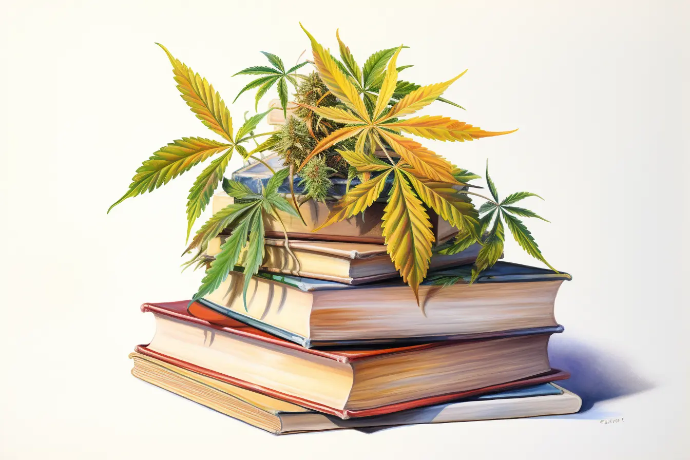 Ein Stapel Bücher übereinander geschmückt mit einigen Cannabisblättern